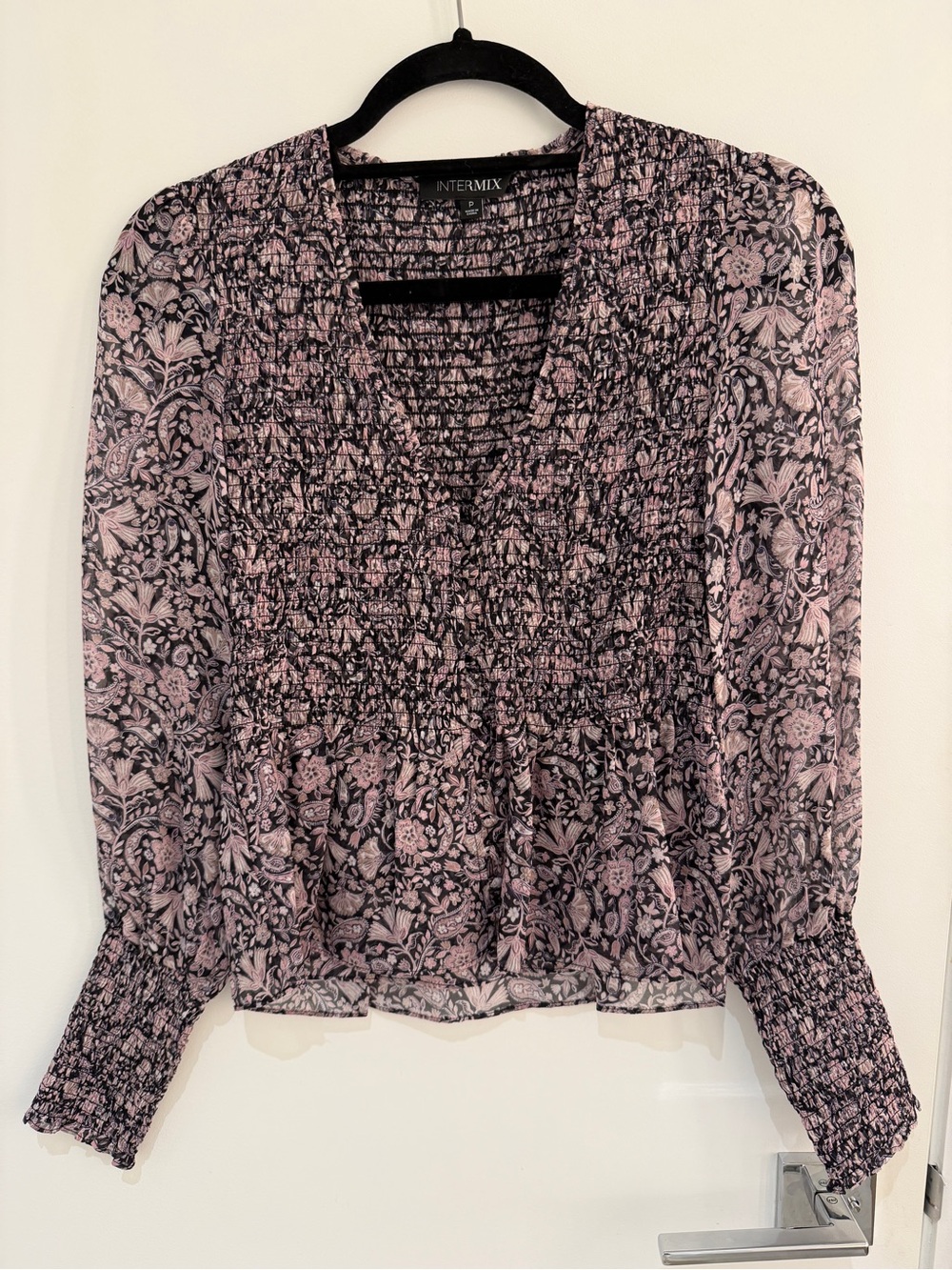 INTERMIX Pink and Black Floral Smocked V-Neck Top
